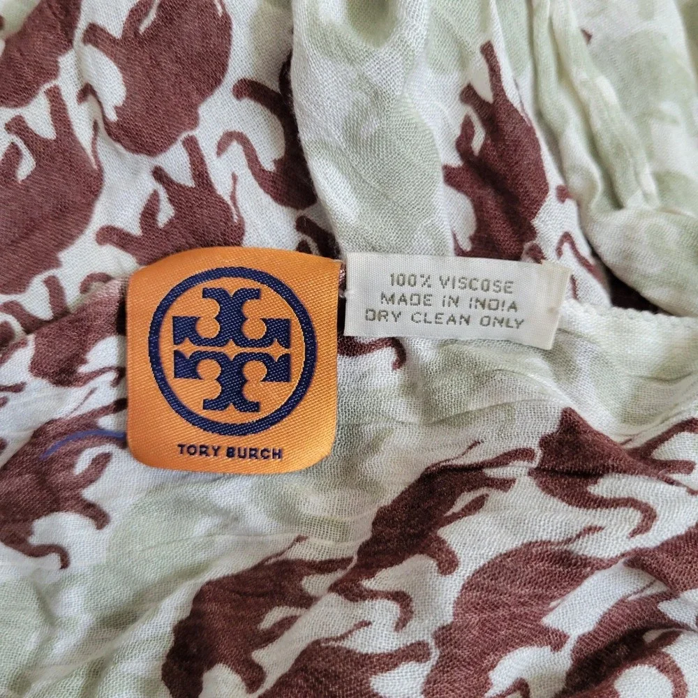 Tory Burch Elephant Print Scarf Brown Sage Green Viscose‎ Lightweight Wrap Scarf